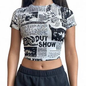 Garage Black and White Newspaper Print Crop Top